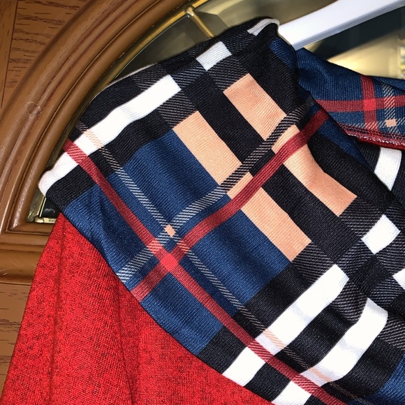 Alaster Queen Brushed Red & Plaid Contrast Cowl Neck Elbow Patch Sweater Dress - Picture 8 of 16